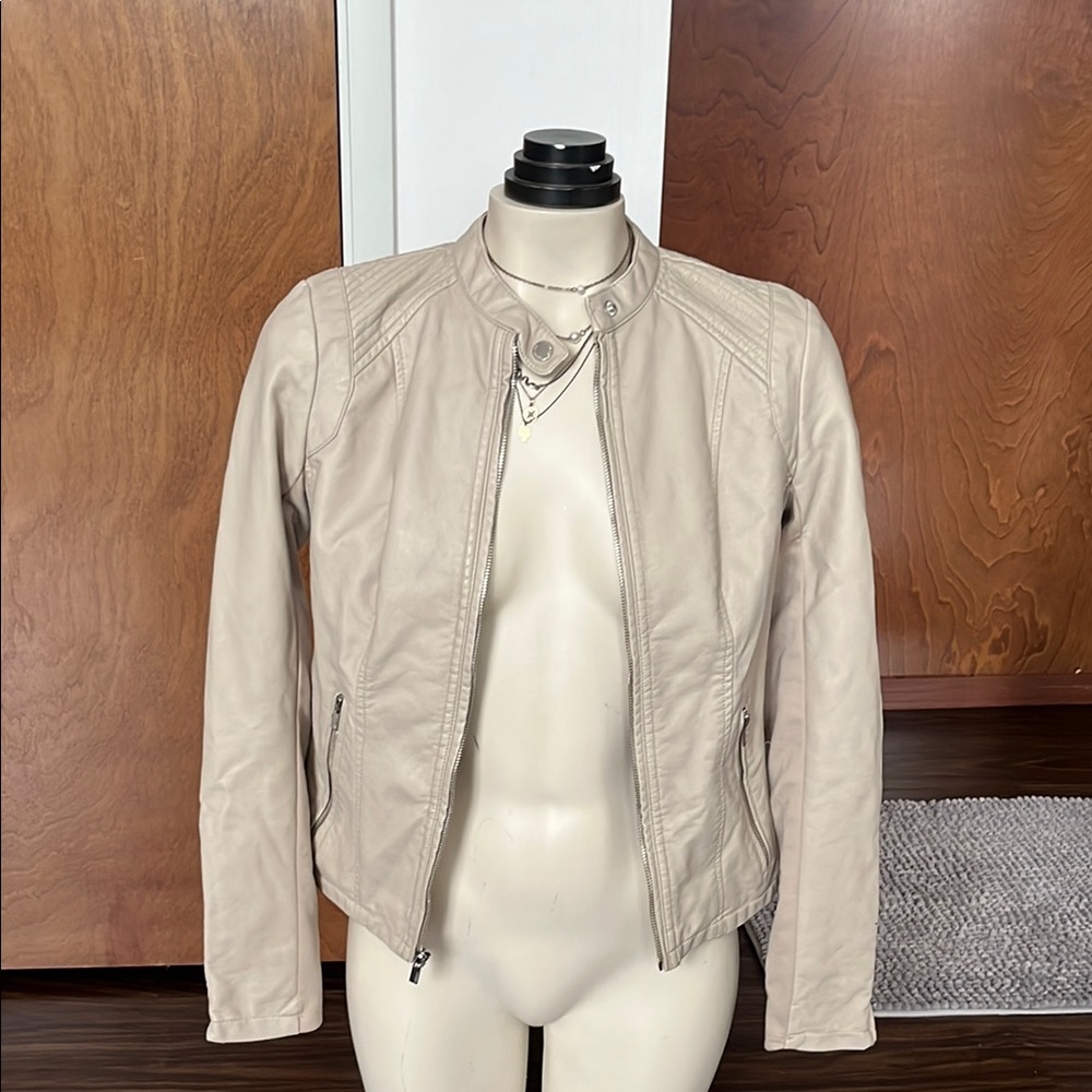 Beige Faux Leather Moto Jacket